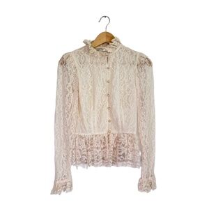 A.J. BARI Lace Blouse Light Cream Blush Vintage 80s Sheer Ruffled Peplum Size S
